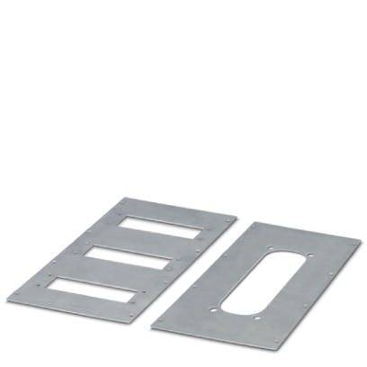 Zwei Metallplatten mit rechteckigen Ausschnitten, eine mit drei kleinen, die andere mit einem großen. Eignen sich für bauliche Anwendungen.