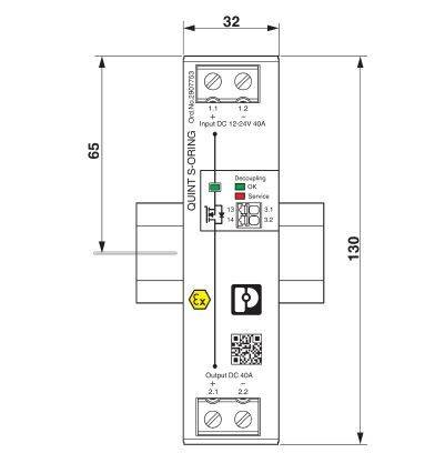 DIN-Schienenmodul mit Eingangs- und Ausgangsanschlüssen. Beschriftungen und LED-Anzeigen für Status. Abmessungen: 32 mm x 130 mm.