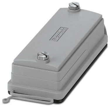 Grau, rechteckiger, geschlossener elektrischer Anschlusskasten mit zwei Schraubverschlüssen und einer kleinen Schlaufe an der Seite.