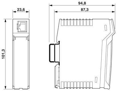 Technische Zeichnung eines rechteckigen Geräts. Abmessungen: Breite 23,6 mm, Höhe 101,3 mm, Tiefe 94,8 mm inklusive Halterung.