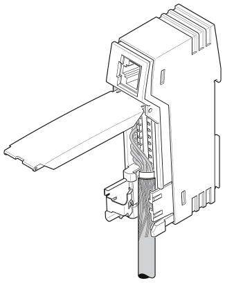 Ein Schaltplan eines Ethernet-Steckers, der die interne Struktur und Kabelverbindungen zeigt. Das Gehäuse ist geöffnet, um die Anschlüsse sichtbar zu machen.
