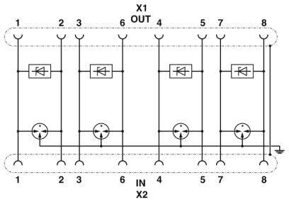 Schaltplan eines Gleichrichters mit sechs Dioden in zwei parallelen Reihen. Ein- und Ausgänge sind mit X1 und X2 gekennzeichnet.