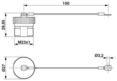 Technische Zeichnung eines Kabels mit Steckverbinder: Oben Seitenansicht, unten Draufsicht. Maße: Länge 100, Durchmesser 3,2, Gewinde M23x1.