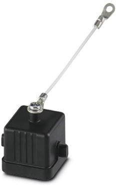 Schwarzes, quadratisches Gehäuse mit Kabel und Ringöse, vermutlich ein Sensor oder elektronisches Bauteil für die Montage.