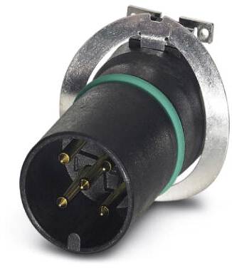 Ein schwarzer Stecker mit mehreren goldenen Kontaktstiften und einem silbernen Befestigungsring.