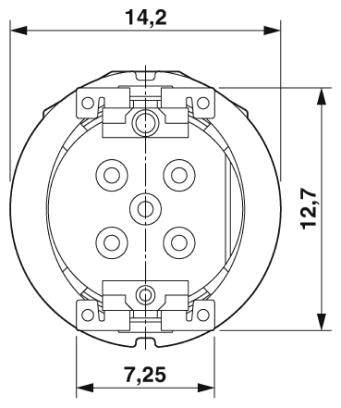 Technische Zeichnung eines runden, elektrischen Steckverbinders mit vier Pins. Angegebene Abmessungen: Durchmesser 14,2 mm und Höhe 12,7 mm.