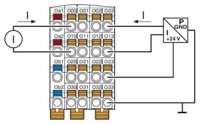 Schaltplan einer elektrischen Baugruppe mit Klemmenbeschriftung. Zeigt Verbindungen von Ein- und Ausgängen mit Stromversorgung (+24 V, GND).