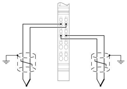Diagramm eines elektrischen Schaltkreises mit Buchsen und Erdanschlüssen, zeigt Verbindungsleitungen und deren Richtungen.
