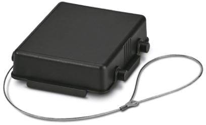 Ein rechteckiges schwarzes Sicherungsetui mit Kabelschlaufe, verwendet für mechanischen Schutz oder Diebstahlsicherung.