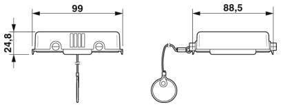 Zeichnung eines mechanischen Bauteils mit Maßen: Länge 99 mm, Breite 24,8 mm, zweite Ansicht zeigt Länge 88,5 mm.
