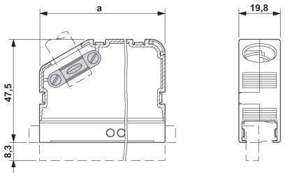 Technische Zeichnung einer elektrischen Komponente mit Maßen: Höhe 47,5 mm, Breite 19,8 mm, Tiefe 8,3 mm. Zeigt Innenstruktur und Draht.