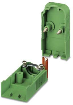 Grüner elektrischer Steckverbinder, bestehend aus zwei Teilen. Ober- und Unterteil mit Metallkontakten. Verwendet für elektrische Verbindungen.