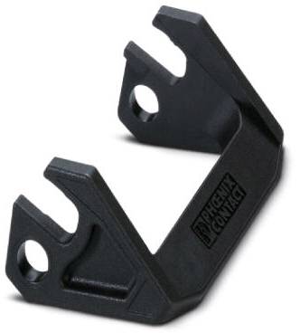 Schwarzes Kunststoff-Haltebügel in U-Form mit zwei seitlichen Befestigungslöchern, verwendet zur Sicherung von technischen Komponenten.