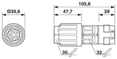 Technische Zeichnung eines zylindrischen Steckers mit Maßen: Länge 105,6 mm, Breite 39,6 mm. Weitere Maße: 47,7 mm und 29 mm.