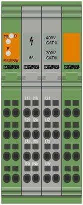 Ein grüner elektrischer Schutzschalter mit Bedienungsknöpfen, Spannungshinweisen '400V CAT II, 300V CAT III', und Sicherungssymbol.