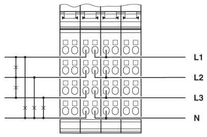 Schaltplan: Darstellung eines elektrischen Stromverteilers mit drei Phasen (L1, L2, L3) und Neutralleiter (N).