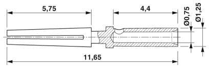 Technische Zeichnung eines Verbindungsstifts mit Längenangaben: 11,65 mm Gesamtlänge, Abschnitt mit 5,75 mm, 4,4 mm, und Durchmessern 0,75 mm, 1,25 mm.