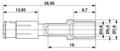 Technische Zeichnung eines Steckverbinders mit Maßen: Gesamtlänge 36,95 mm, Durchmesserbereiche 3,6 mm und 7,9 mm, Abschnitte markiert.