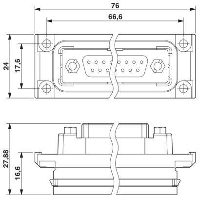 Technische Zeichnung eines rechteckigen Steckverbinders; zeigt Dimensionen: Breite 76 mm, Höhe 24 mm vorne, 27,88 mm seitlich.