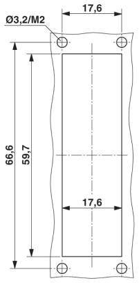 Technische Zeichnung eines rechteckigen Objekts mit Maßen: Länge 66,6 cm, Breite 17,6 cm. Löcher in den Ecken, Ø 3,2 cm.