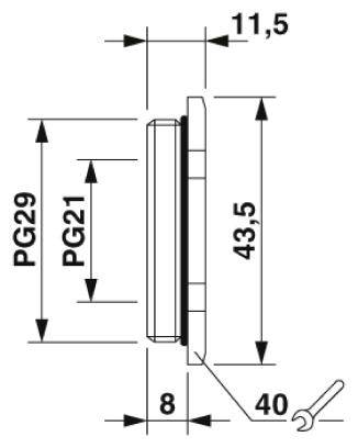 Diagramm einer mechanischen Komponente mit den Maßen: Höhe 43,5 mm, Breite 11,5 mm, Tiefe 8 mm; PG29 und PG21 angegeben.