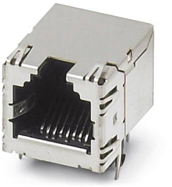 Ein silberner RJ45-Buchsenstecker, oft für Ethernet-Verbindungen in Netzwerkgeräten verwendet.