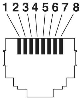 Zeichnung eines RJ-45-Steckers mit nummerierten Pins von 1 bis 8 und vertikalen Linien, die die Kontakte darstellen.