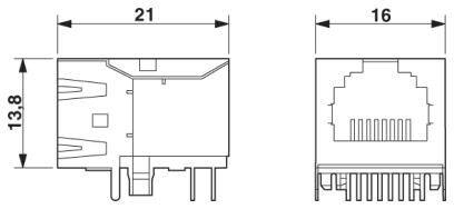 Zeichnung eines rechteckigen elektronischen Bauteils mit Maßen: 21 mm breit, 16 mm tief, 13,8 mm hoch. Ansicht von vorne und seitlich.