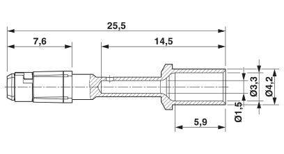 Technische Zeichnung eines zylindrischen Bauteils mit Maßen: Gesamtlänge 25,5 mm, Durchmesser Ø3,3 mm bis Ø4,2 mm; Längenmarkierungen bei 7,6 mm und 14,5 mm.