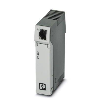 Ein graues elektronisches Modul mit Anschlussstelle, geeignet für industrielle Anwendungen und Automation.