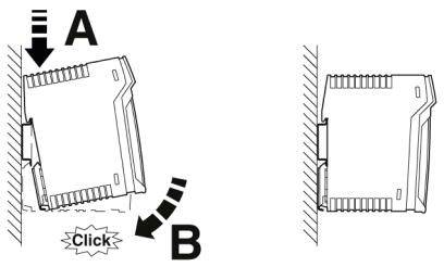Diagramm zeigt Montage eines Bauteils an eine Wand, indem es erst nach unten (A) und dann zur Seite (B) bewegt wird. Klicken hörbar.