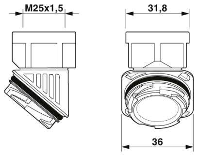 Technische Zeichnung eines Winkelsteckers mit den Maßen: M25x1,5, Gesamtlänge 36 mm, Breite 31,8 mm.