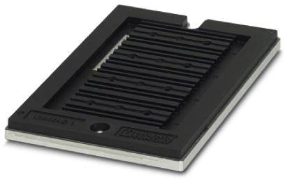 Schwarze, rechteckige Halterung mit gerippter Oberfläche und Beschriftung 'Phoenix Contact'. Möglicherweise eine elektronische Komponente.