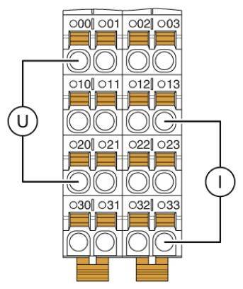 Schema einer elektrischen Anschlussklemme. Zahlen 00 bis 33 kennzeichnen Anschlusspunkte. 'U' und 'I' weisen auf Spannung und Strom hin.