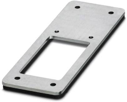Metallplatte mit rechteckiger Aussparung und abgerundeten Ecken. Vier Schraublöcher in den Ecken. Nutzbar für Montagezwecke.