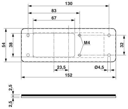 Technische Zeichnung eines rechteckigen Metallteils mit Abmessungen: 130x54 mm, Bohrungen und M4-Gewinde. Seitenansicht zeigt Dicke von 2,5 mm.