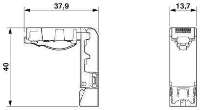 Technische Zeichnung eines elektrischen Verbindungselementes mit Abmessungen: Breite 37,9 mm, Höhe 40 mm, Tiefe 13,7 mm.