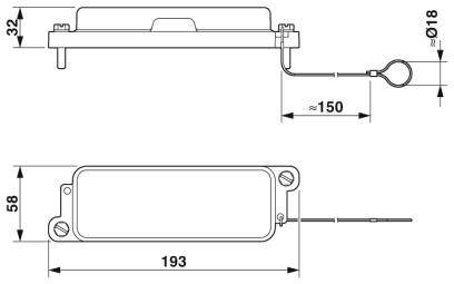 Technische Zeichnung eines rechteckigen elektronischen Geräts mit Kabelanschluss. Maße: 193 mm lang, 58 mm breit, 32 mm hoch. Kabeldurchmesser: 18 mm, Kabellänge: 150 mm.