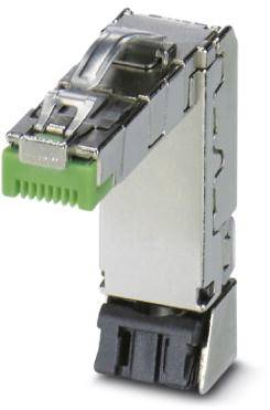 Metallischer Netzwerkkabelverbinder mit grünem Element oben, schwarzes Ende unten. Verwendet zum Verbinden von Ethernet-Kabeln.