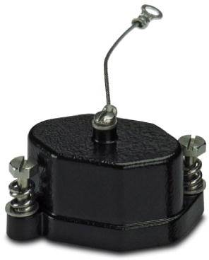 Schwarzer, sechseckiger elektronischer Bauteil mit zwei seitlichen Schraubverbindungen und einem Draht oben.