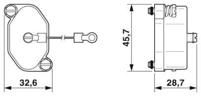 Technische Zeichnung eines Bauteils in Seitens- und Frontalansicht. Maße sind 32,6 mm und 28,7 mm in Breite, 45,7 mm in Höhe.