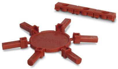 Rote Verstellhilfe für Backöfen mit runden und rechteckigen Teilen zur sicheren Positionierung von Backblechen.