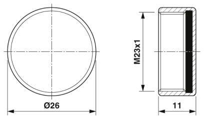 Querschnitt einer zylindrischen Kappe mit Durchmesser 26 mm, Länge 11 mm. Rechtsansicht zeigt Gewinde M23x1.
