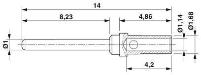 Technische Zeichnung einer zylindrischen Komponente mit Abmessungen: Gesamtlänge 14, Durchmesser 1,4, Teile mit 8,23 und 4,86 Länge.