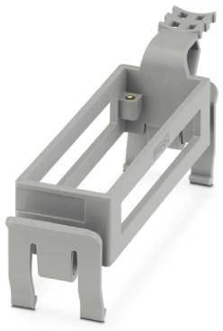 Ein graues Kunststoffbauteil, das wie ein Halter oder Platzhalter für ein elektronisches Gerät oder Modul aussieht, mit einem Clipmechanismus.