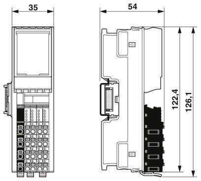 Technische Zeichnung eines elektrischen Moduls mit zwei Ansichten. Links: Frontansicht mit Steckanschlüssen. Rechts: Seitenansicht mit Maßen 35 mm Breite, 54 mm Tiefe, 126,1 mm Höhe.