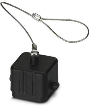 Schwarzes, rechteckiges Gerät mit Metallkabelschlaufe, wahrscheinlich für Sicherheits- oder Befestigungszwecke geeignet.