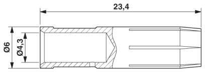 Technische Zeichnung eines zylindrischen Teils mit Abmessungen: Gesamtlänge 23,4 mm, Außendurchmesser 6 mm, Innendurchmesser 4,3 mm.