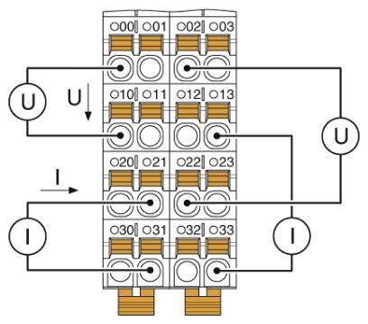 Diagramm eines elektrischen Verteilers mit Beschriftungen 'U' und 'I' für Spannung und Strom. Zeigt interne Verbindungen der Anschlüsse 001 bis 032.