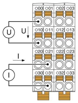 Schema eines Anschlussplans mit Spannung und Strom. Obere Reihe für Spannung ('U'), untere Reihe für Strom ('I'). Nummerierte Anschlüsse.